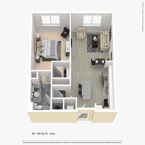 A 3D floor plan of an apartment with a living room, kitchen, and bedroom.